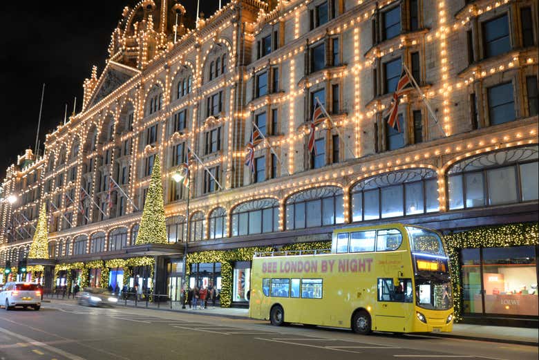 See Harrods lit up at night